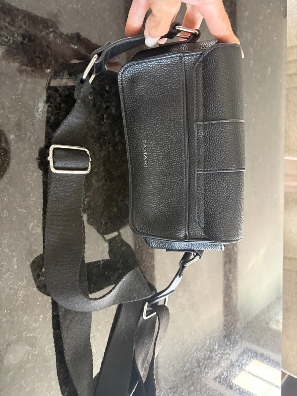 Tahari Black Pebbled Leather Crossbody Vanity Mirror Case